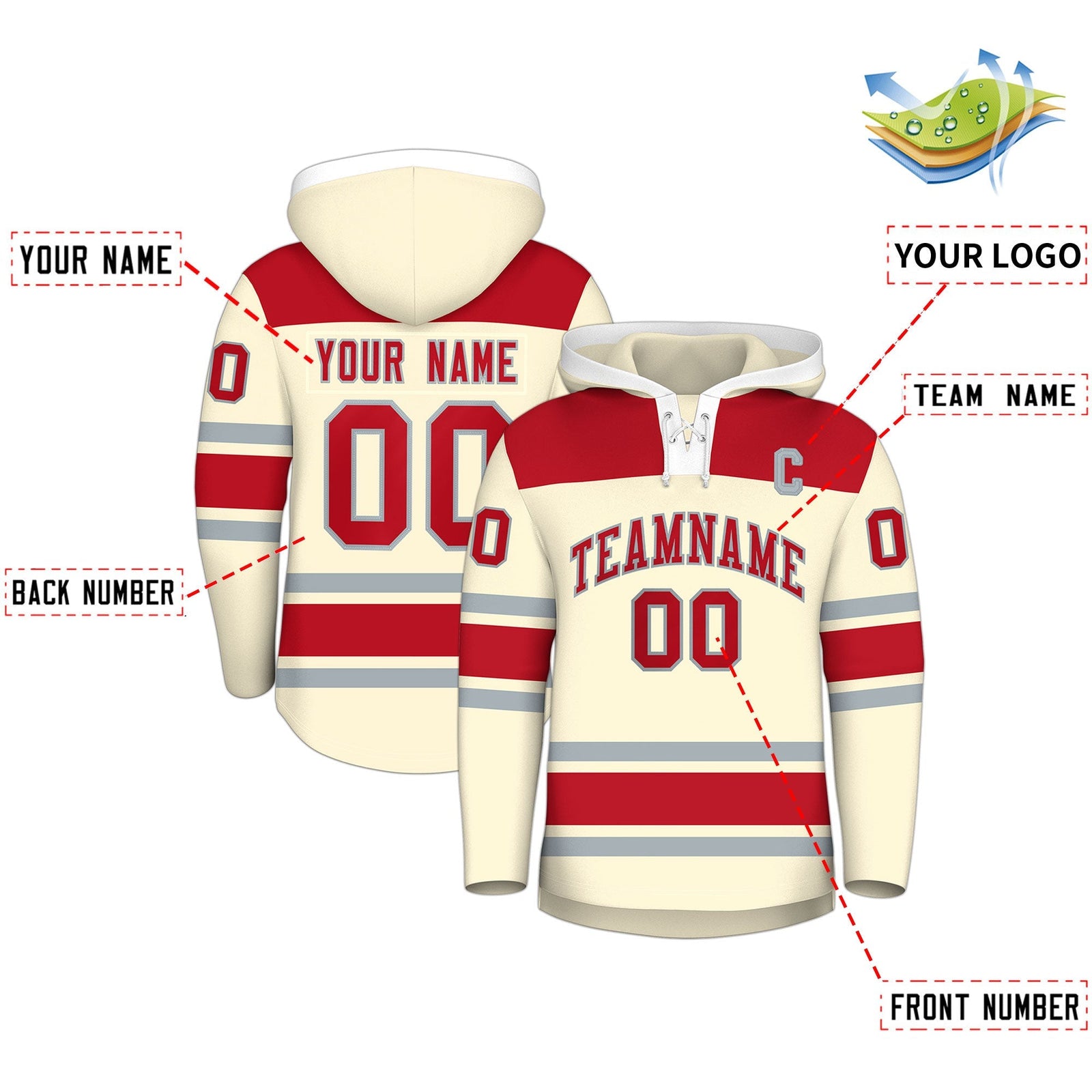Custom Hockey Hoodie Jersey Cream Red Raglan Sleeves Lace-Up Neck Personal Name & Number & Logo