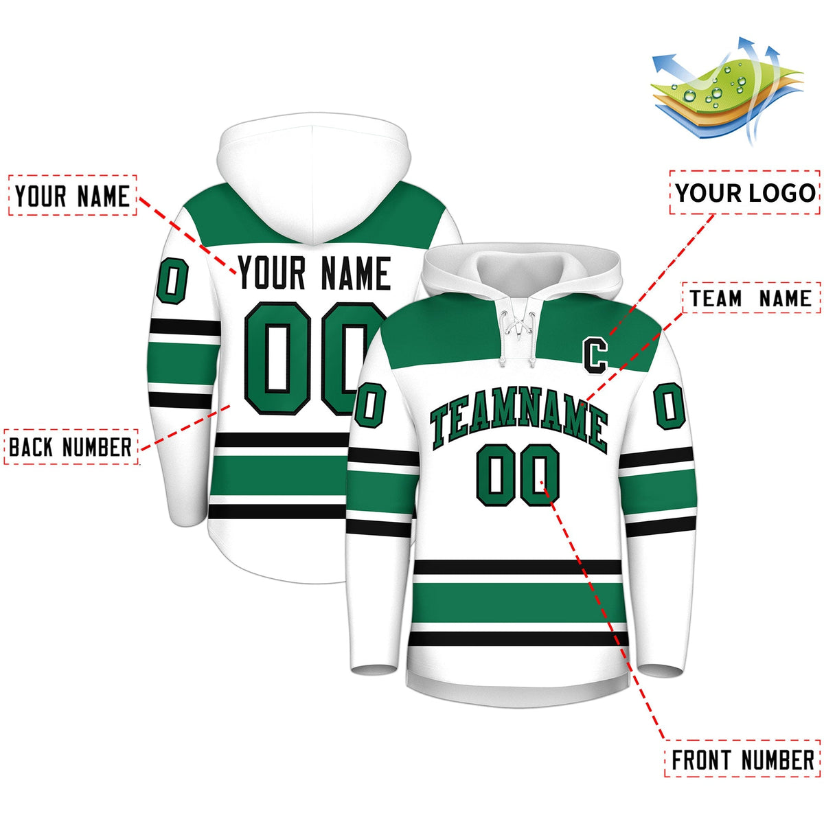 Custom Hockey Hoodie Jersey White Kelly Green Raglan Sleeves Lace-Up Neck Personalized Jersey for Men &amp; Youth