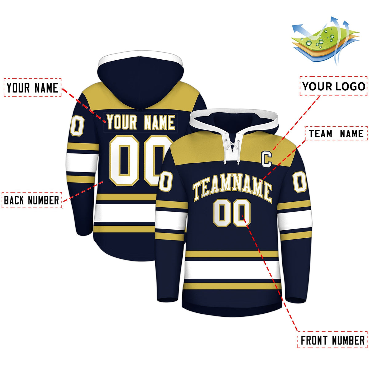 Custom Hockey Hoodie Jersey Navy Old Gold Raglan Sleeves Lace-Up Neck Personalized Jersey for Men &amp; Youth