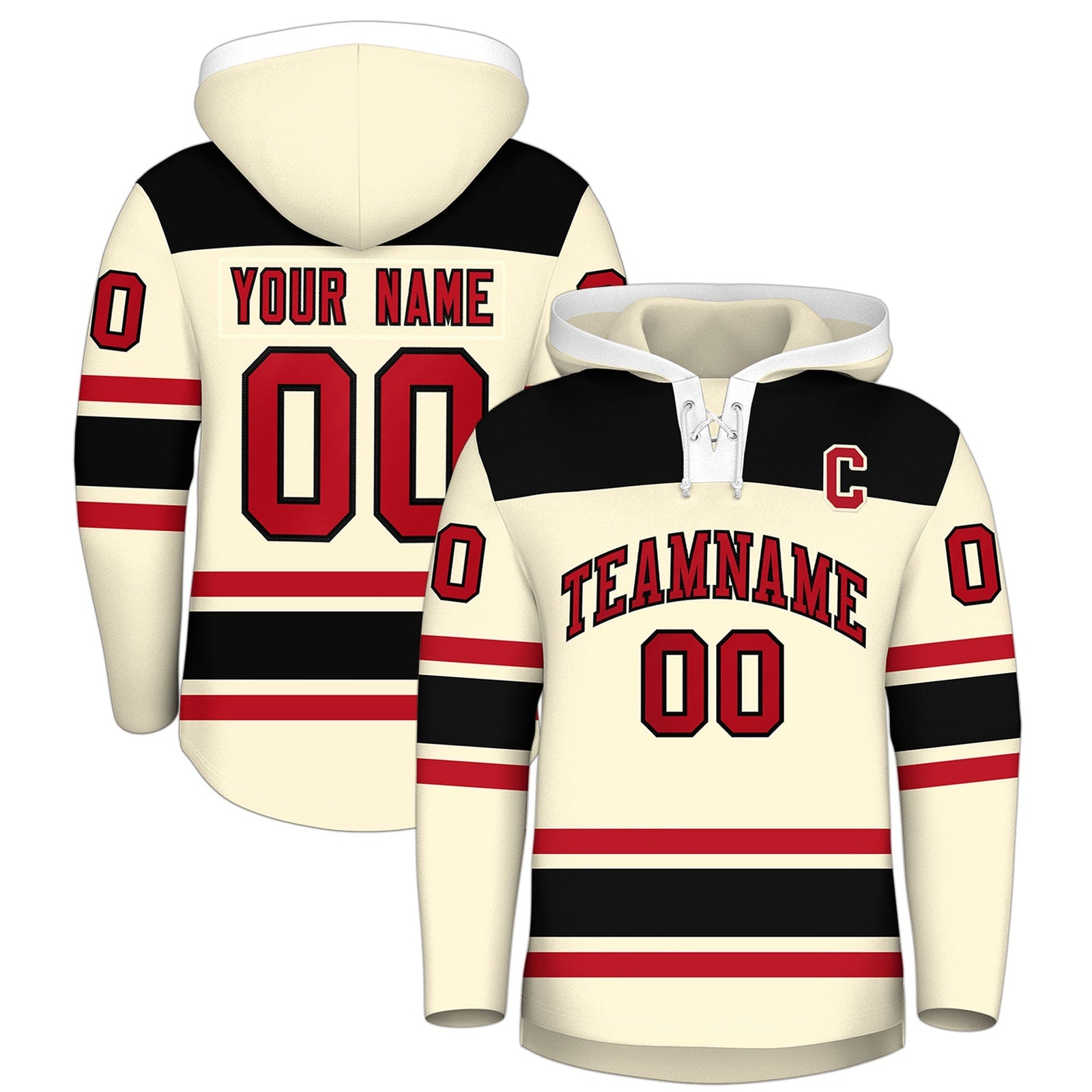 Custom Hockey Hoodie Jersey Cream Black Raglan Sleeves Lace-Up Neck Personal Name & Number & Logo