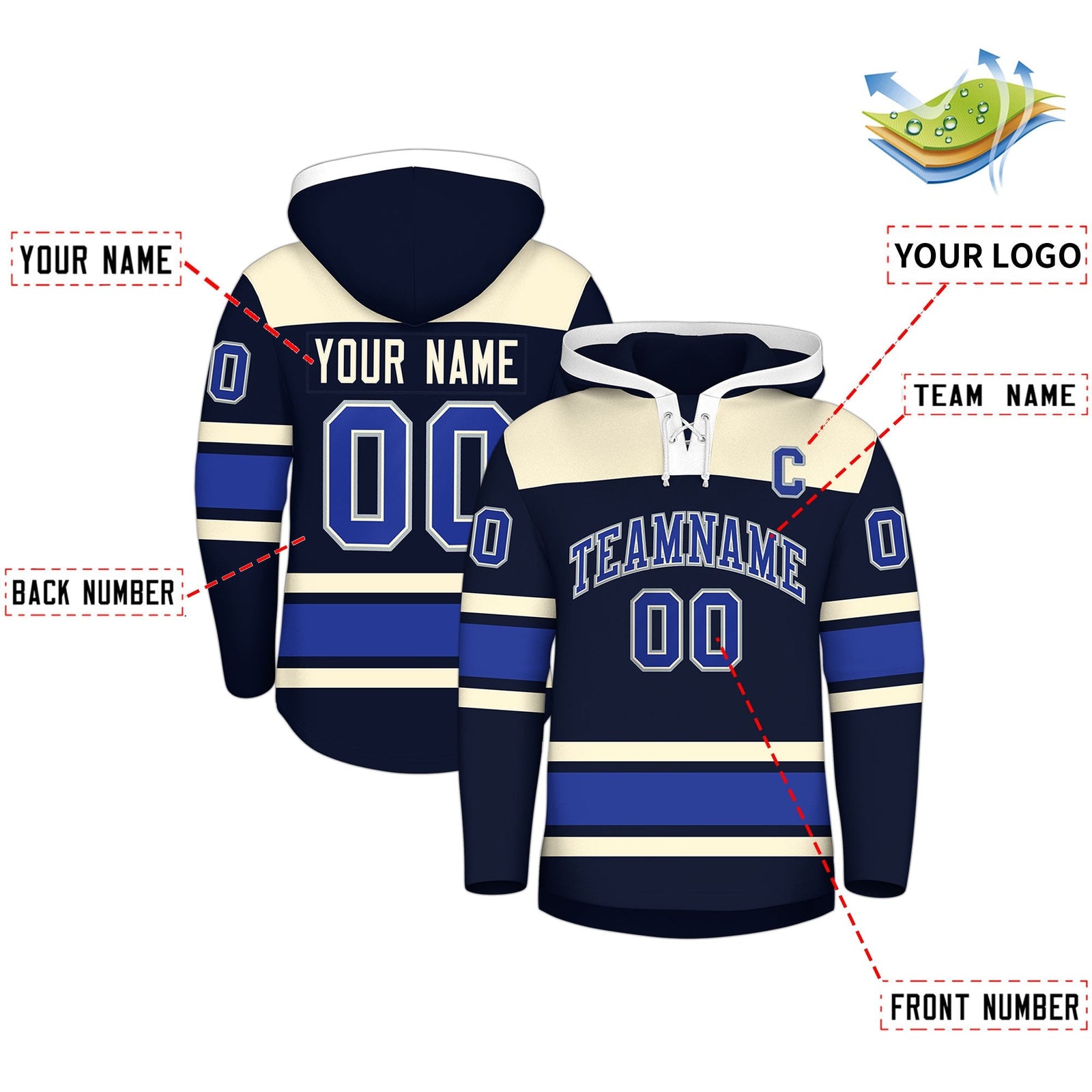 Custom Hockey Hoodie Jersey Navy Cream Raglan Sleeves Lace-Up Neck Personal Name & Number & Logo