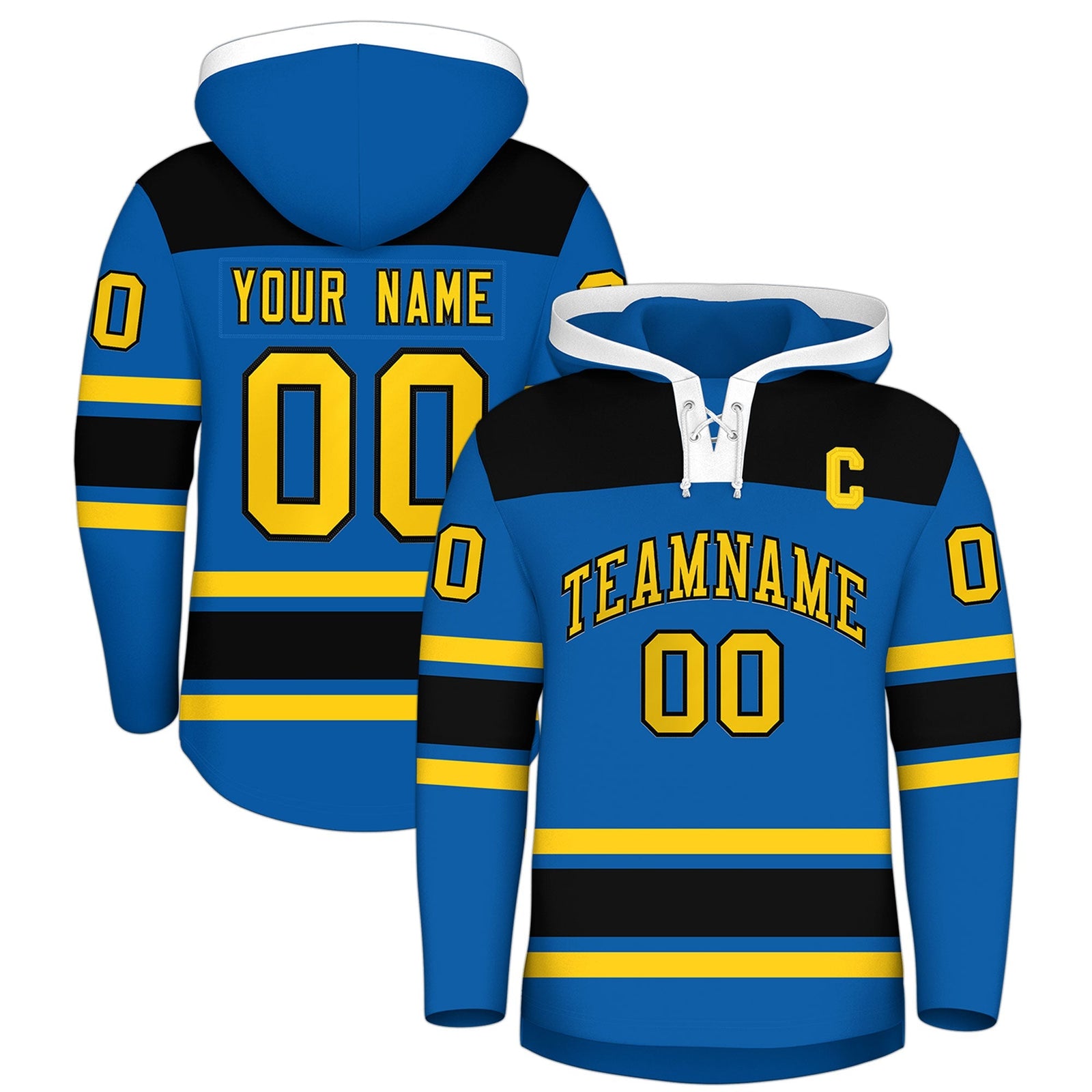 Custom Hockey Hoodie Jersey Royal Black Raglan Sleeves Lace-Up Neck Personalized Jersey for Men & Youth