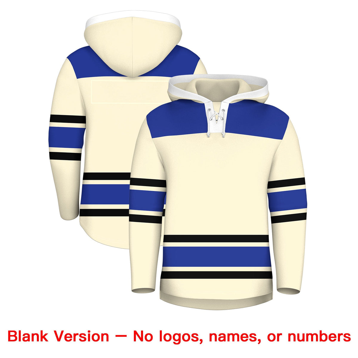 Custom Hockey Hoodie Jersey Cream Royal Blue Raglan Sleeves Lace-Up Neck Personal Name &amp; Number &amp; Logo