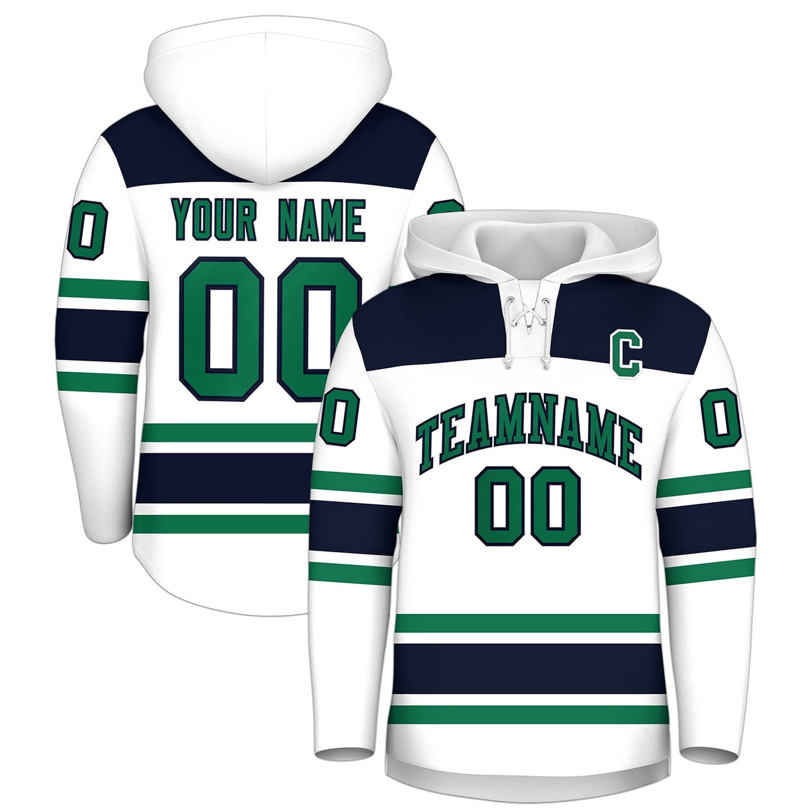 Custom Hockey Hoodie Jersey White Navy Raglan Sleeves Lace-Up Neck Classic Team Colors Hoodie