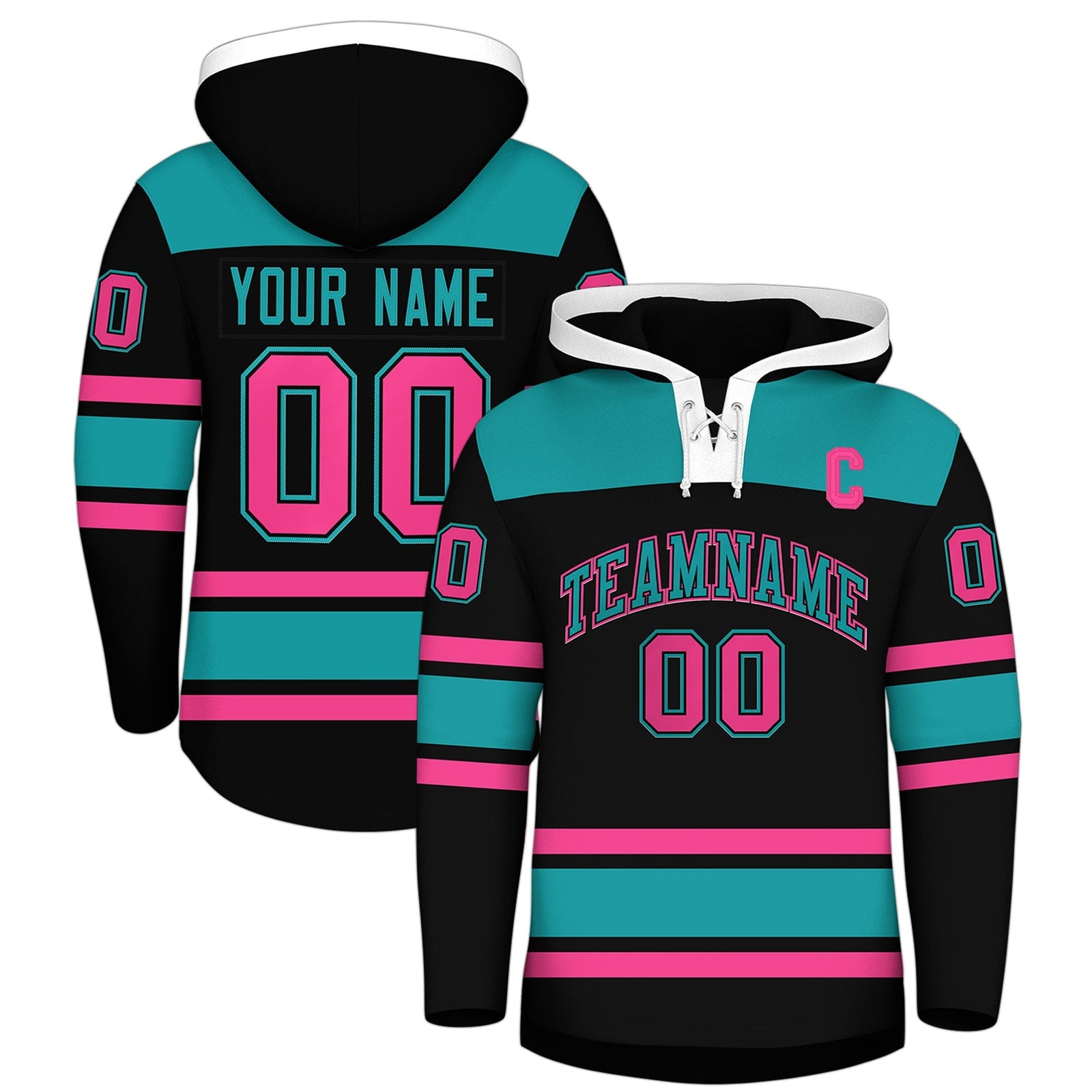 Custom Hockey Hoodie Jersey Black Aqua Raglan Sleeves Lace-Up Neck Personalized Jersey for Men & Youth