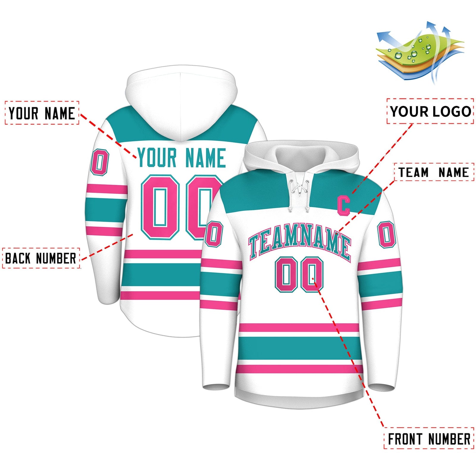 Custom Hockey Hoodie Jersey White Aqua Raglan Sleeves Lace-Up Neck Personal Name & Number & Logo