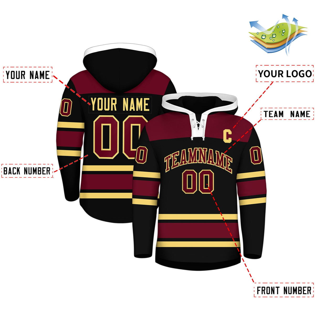 Custom Hockey Hoodie Jersey Black Crimson Raglan Sleeves Lace-Up Neck Personalized Jersey for Men &amp; Youth
