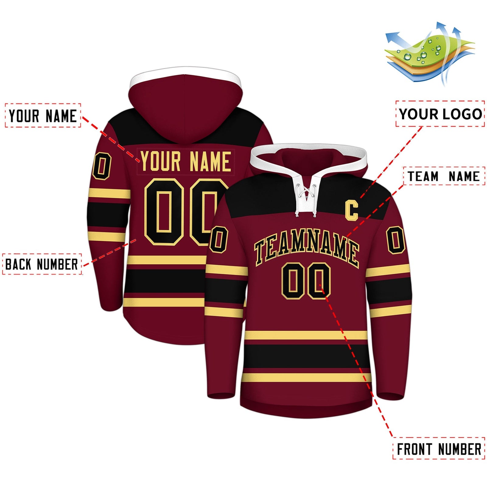 Custom Hockey Hoodie Jersey Crimson Black Raglan Sleeves Lace-Up Neck Personal Name & Number & Logo