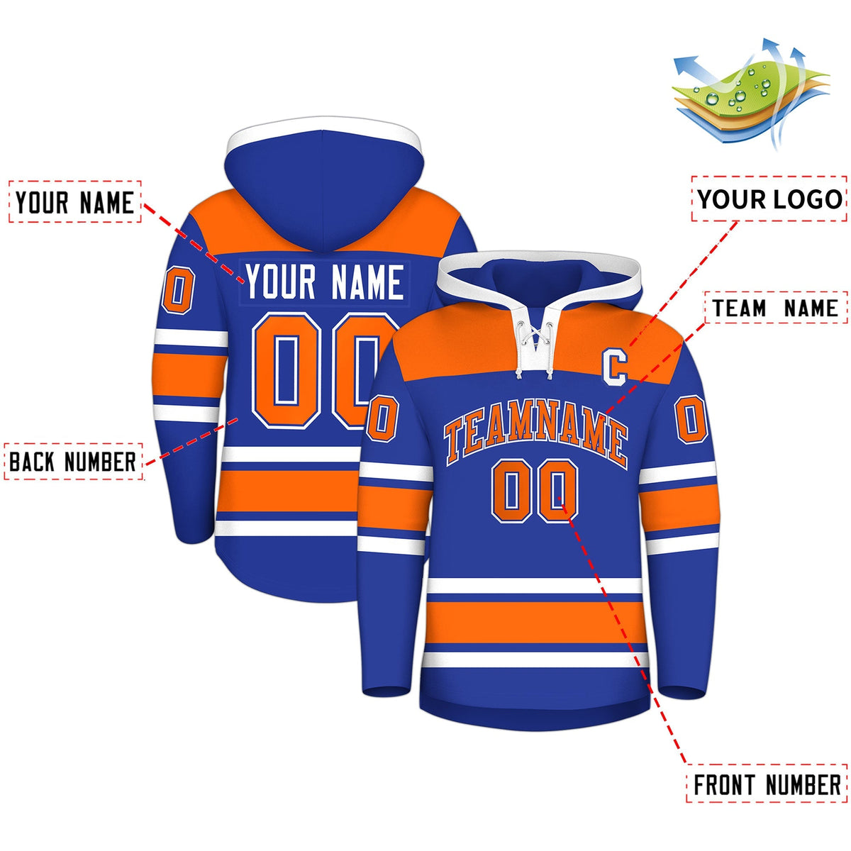 Custom Hockey Hoodie Jersey Royal Blue Orange Raglan Sleeves Lace-Up Neck Personal Name &amp; Number &amp; Logo