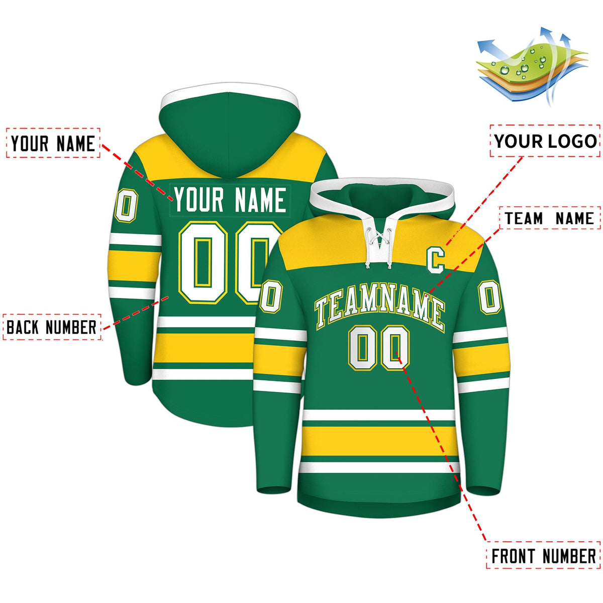 Custom Hockey Hoodie Jersey Kelly Green Gold Raglan Sleeves Lace-Up Neck Personalized Jersey for Men &amp; Youth