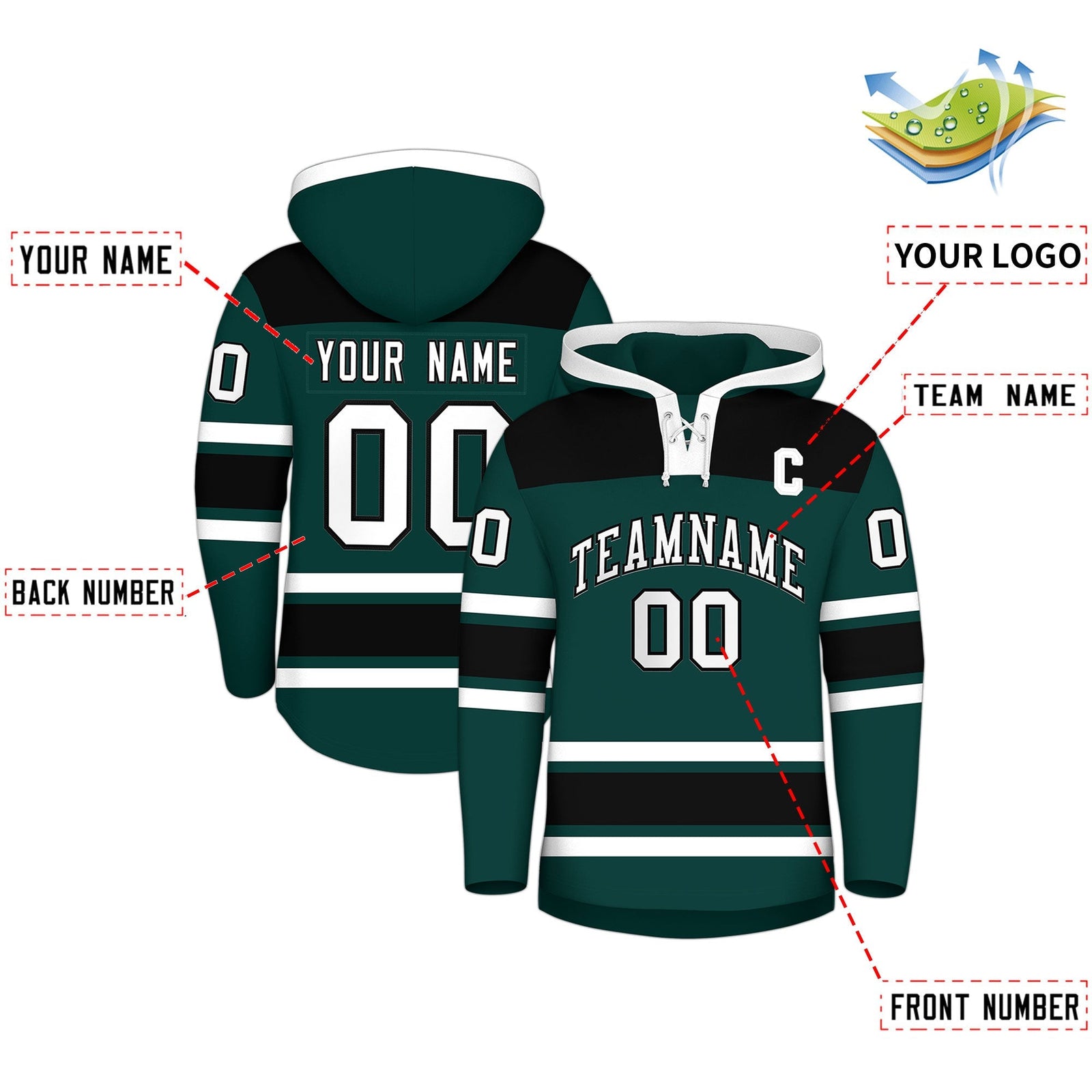 Custom Hockey Hoodie Jersey Midnight Green Black Raglan Sleeves Lace-Up Neck Personal Name & Number & Logo