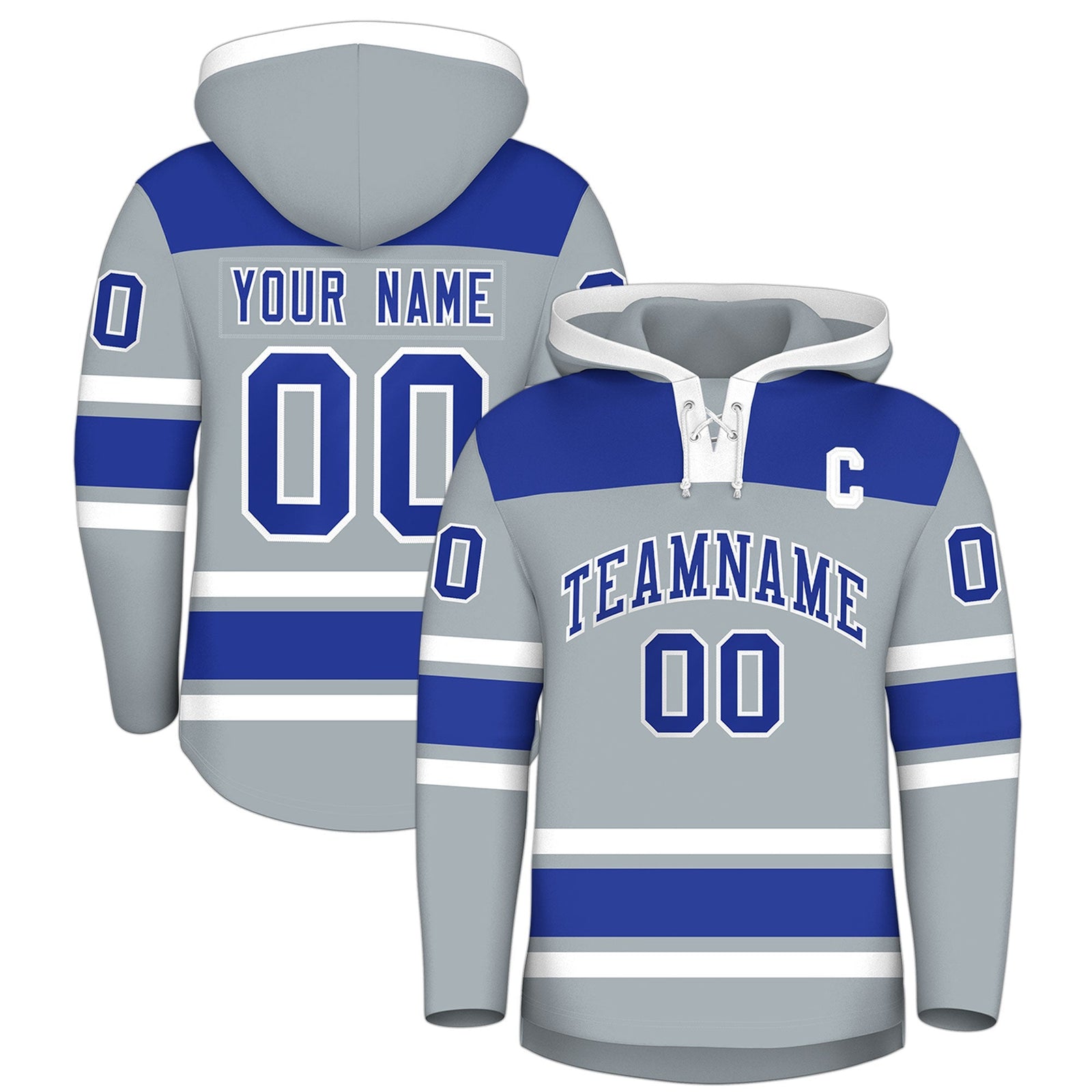 Custom Hockey Hoodie Jersey Silver Royal Blue Raglan Sleeves Lace-Up Neck Personalized Jersey for Men & Youth