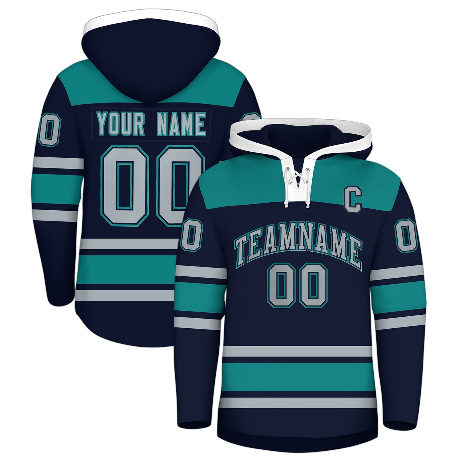 Custom Hockey Hoodie Jersey Navy Teal Raglan Sleeves Lace-Up Neck Classic Team Colors Hoodie