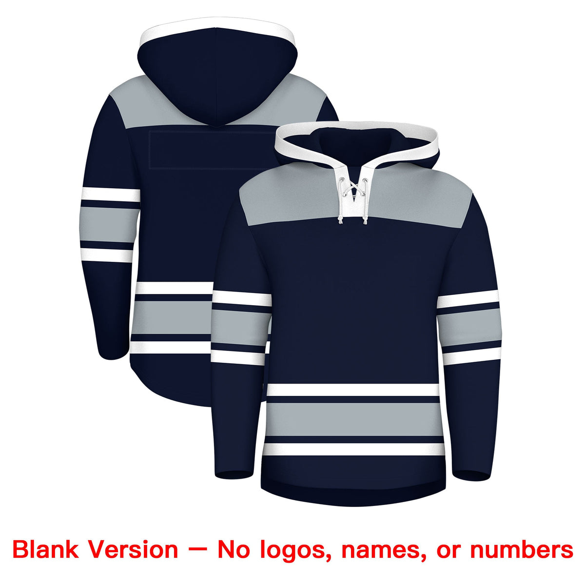 Custom Hockey Hoodie Jersey Navy Silver Raglan Sleeves Lace-Up Neck Personalized Jersey for Men &amp; Youth