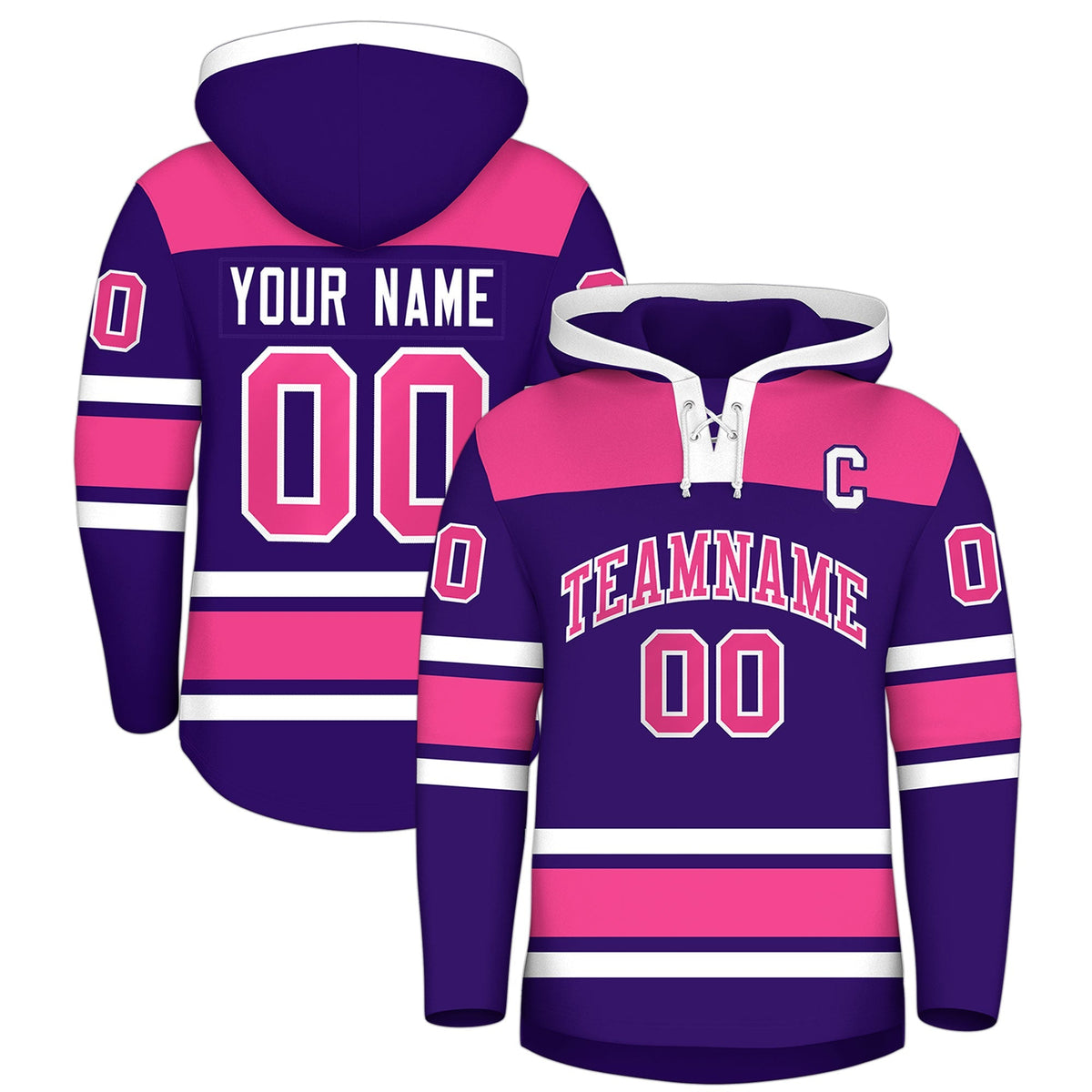 Custom Hockey Hoodie Jersey Purple Pink Raglan Sleeves Lace-Up Neck Classic Team Colors Hoodie
