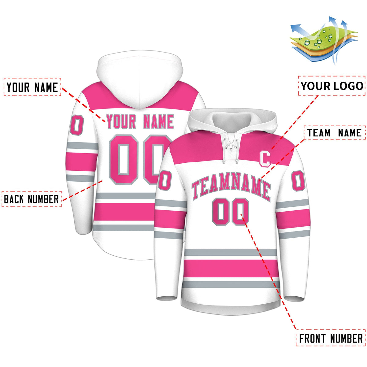Custom Hockey Hoodie Jersey White Pink Raglan Sleeves Lace-Up Neck Personal Name &amp; Number &amp; Logo