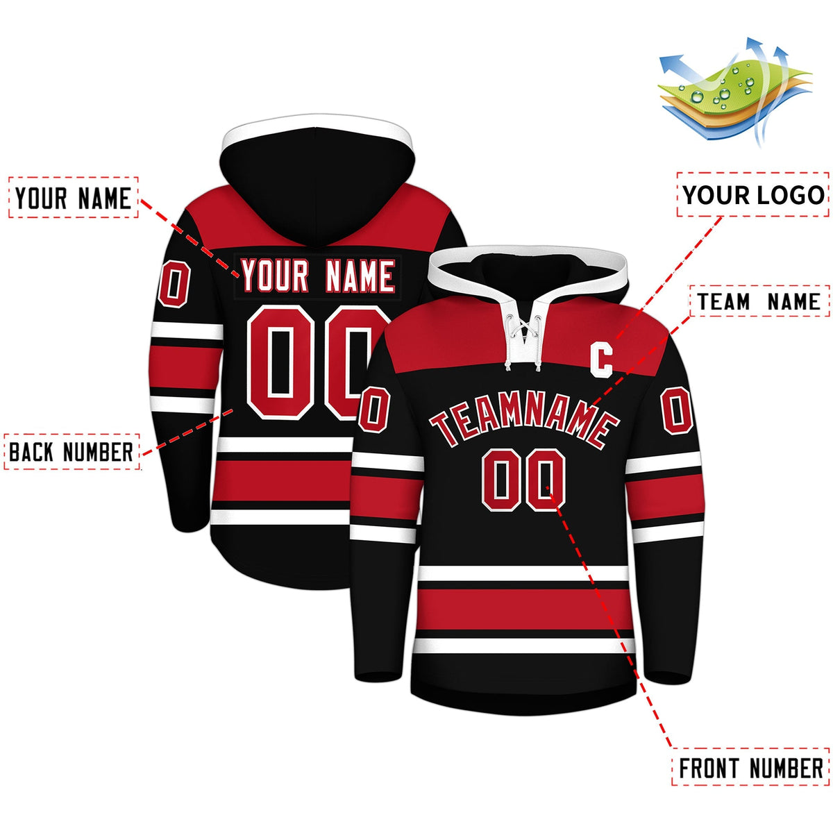 Custom Hockey Hoodie Jersey Black Red Raglan Sleeves Lace-Up Neck Personalized Jersey for Men &amp; Youth