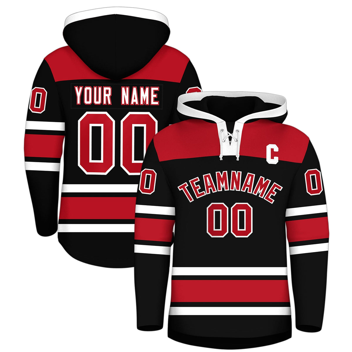 Custom Hockey Hoodie Jersey Black Red Raglan Sleeves Lace-Up Neck Personalized Jersey for Men &amp; Youth