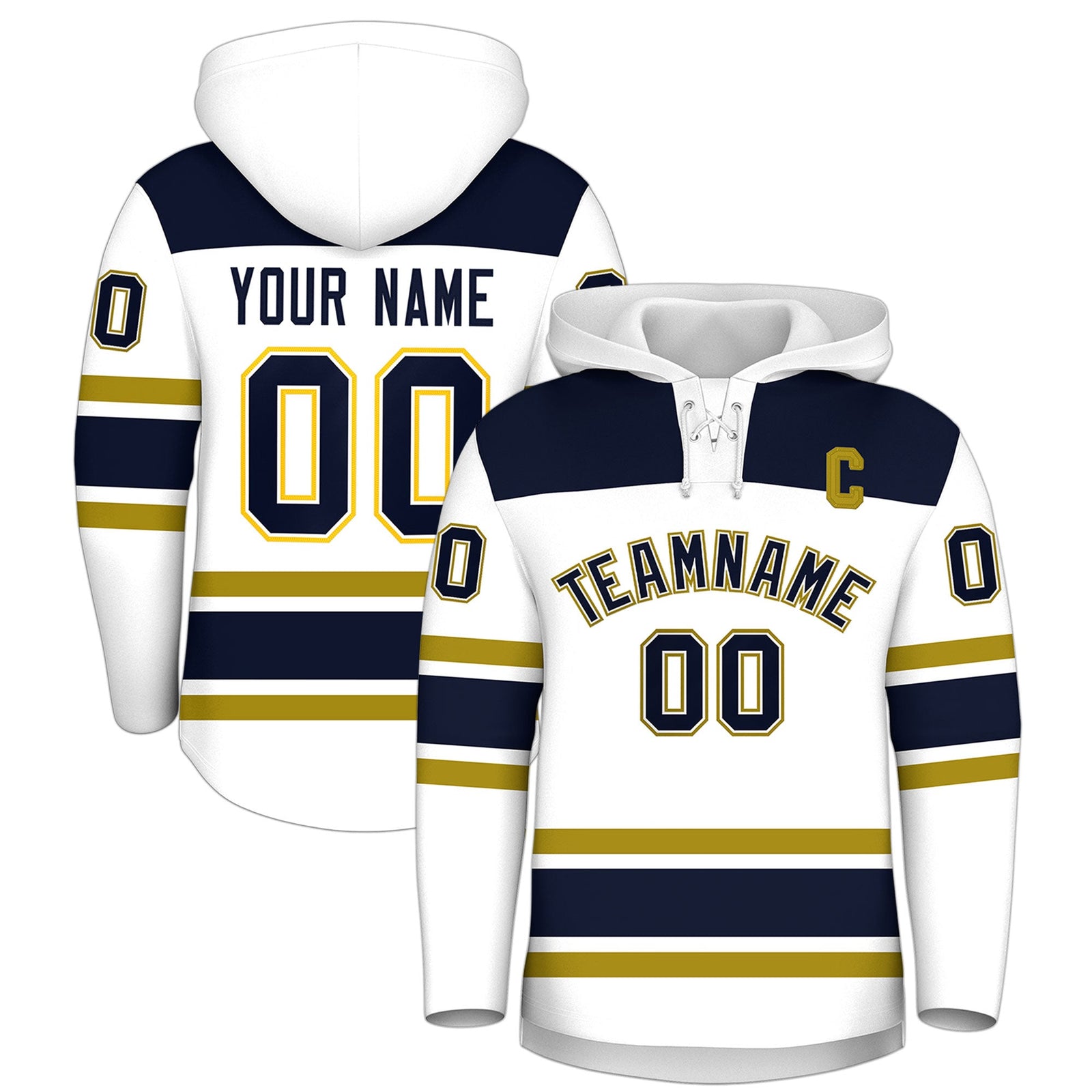 Custom Hockey Hoodie Jersey White Navy Raglan Sleeves Lace-Up Neck Personal Name & Number & Logo