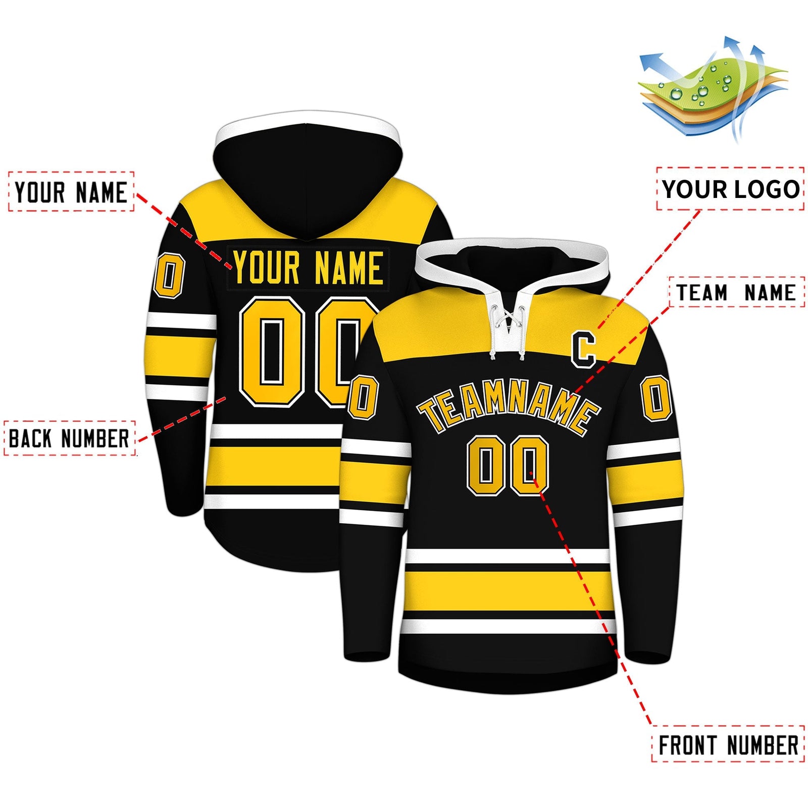 Custom Hockey Hoodie Jersey Black Gold Raglan Sleeves Lace-Up Neck Personalized Jersey for Men & Youth
