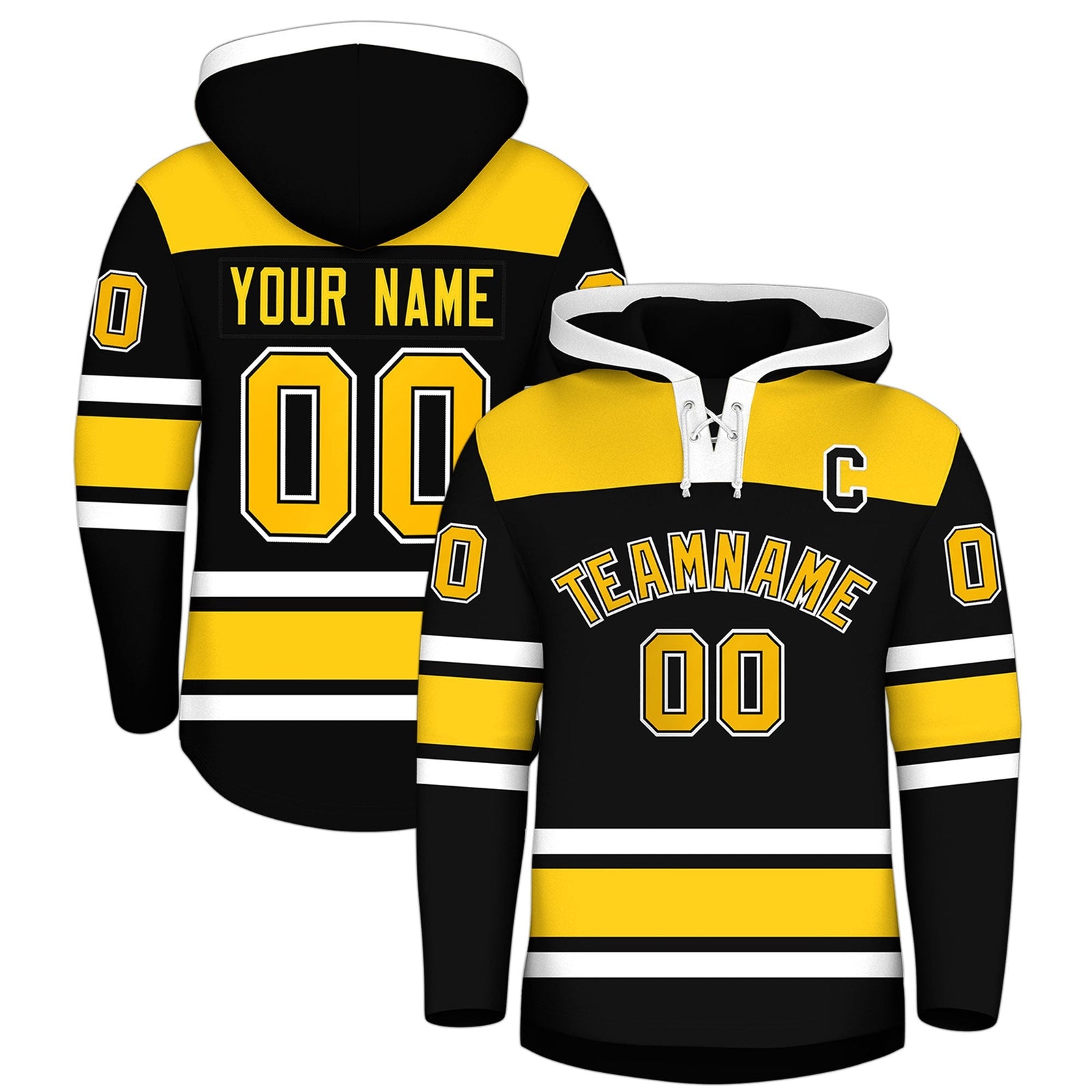 Custom Hockey Hoodie Jersey Black Gold Raglan Sleeves Lace-Up Neck Personalized Jersey for Men & Youth