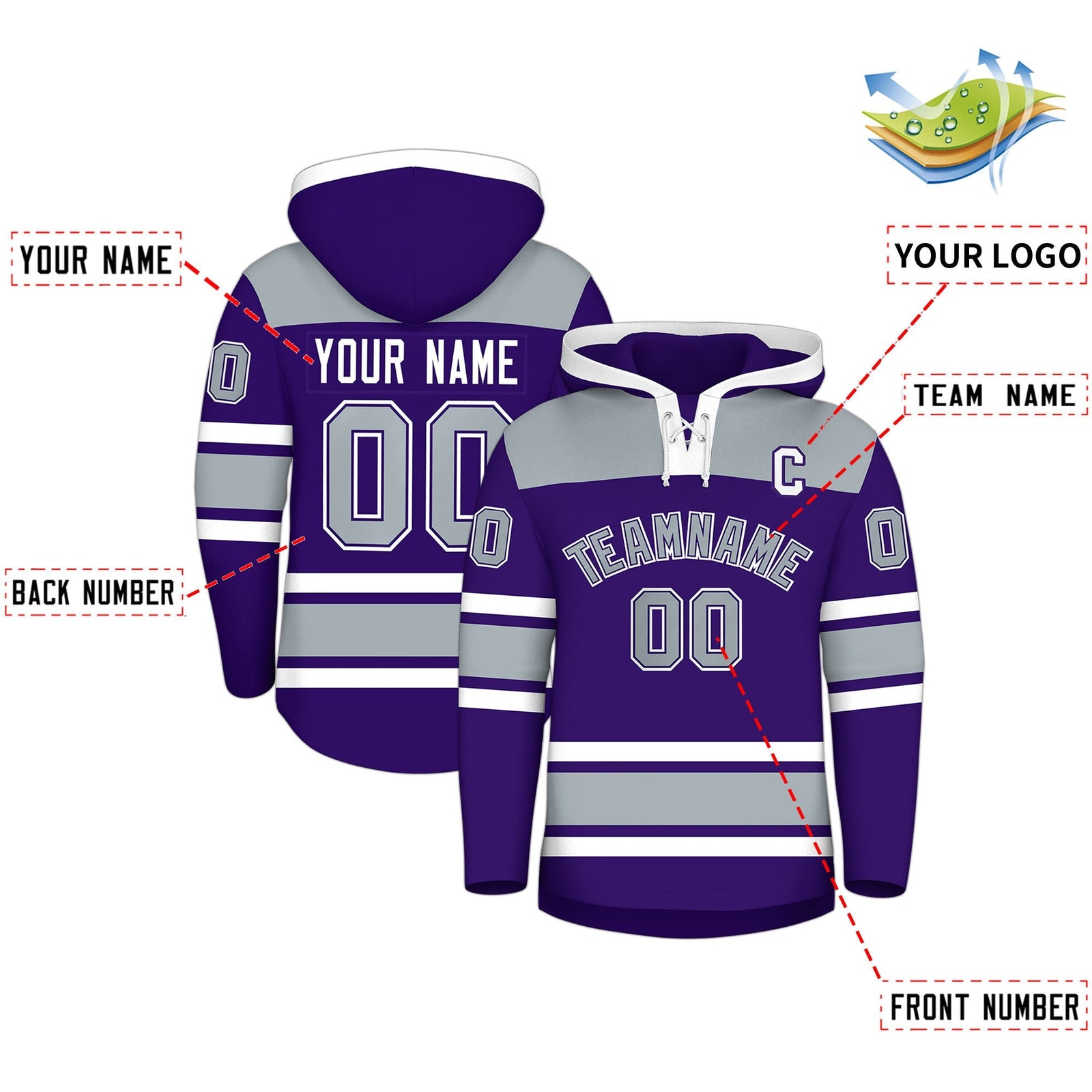 Custom Hockey Hoodie Jersey Purple Silver Raglan Sleeves Lace-Up Neck Personal Name & Number & Logo