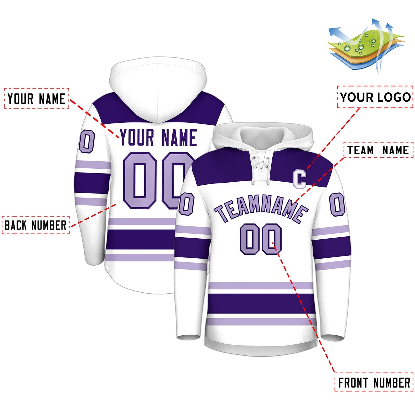 Custom Hockey Hoodie Jersey White Purple Raglan Sleeves Lace-Up Neck Personalized Jersey for Men & Youth