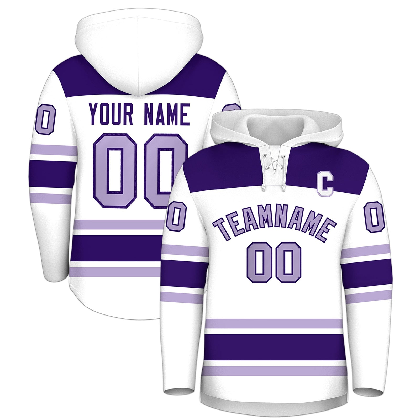 Custom Hockey Hoodie Jersey White Purple Raglan Sleeves Lace-Up Neck Personalized Jersey for Men & Youth