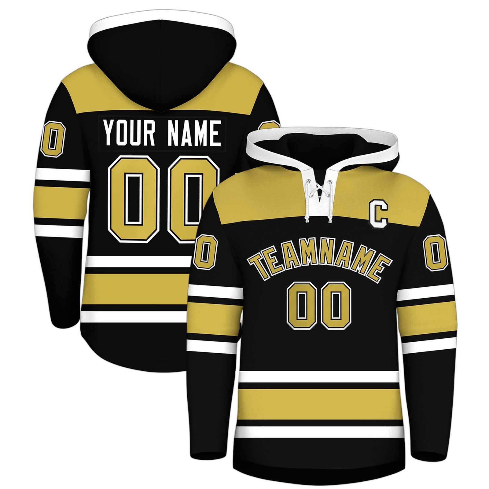 Custom Hockey Hoodie Jersey Black Old Gold Raglan Sleeves Lace-Up Neck Personal Name & Number & Logo