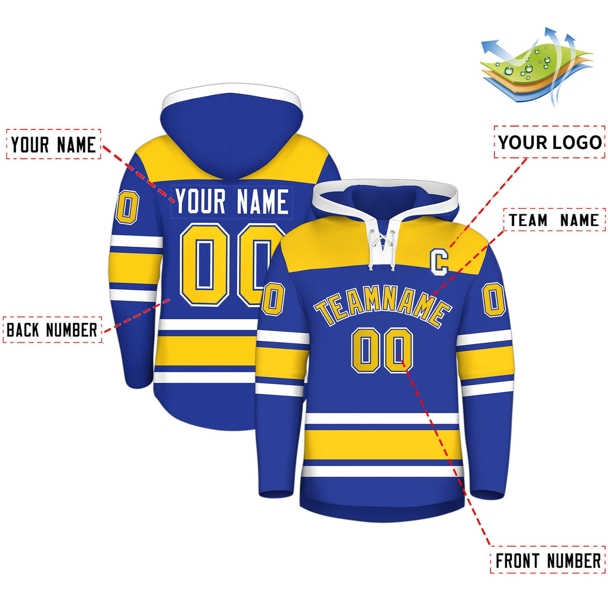 Custom Hockey Hoodie Jersey Royal Blue Gold Raglan Sleeves Lace-Up Neck Personal Name &amp; Number &amp; Logo