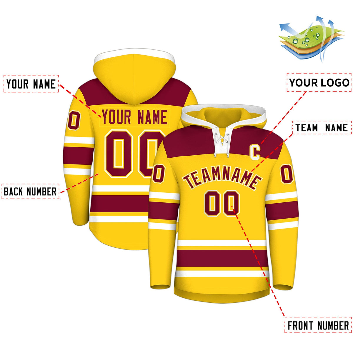 Custom Hockey Hoodie Jersey Gold Crimson Raglan Sleeves Lace-Up Neck Personalized Jersey for Men &amp; Youth