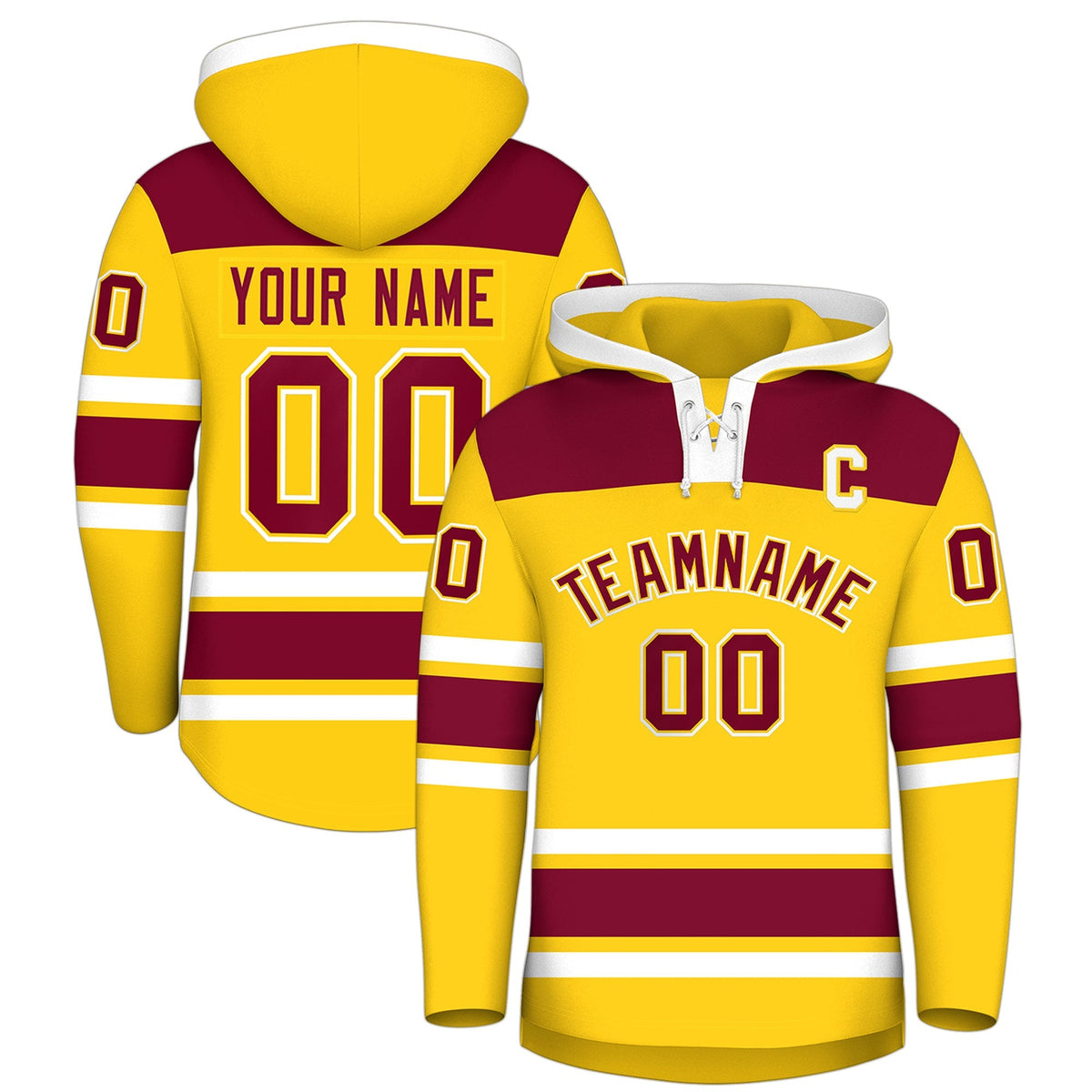 Custom Hockey Hoodie Jersey Gold Crimson Raglan Sleeves Lace-Up Neck Personalized Jersey for Men &amp; Youth