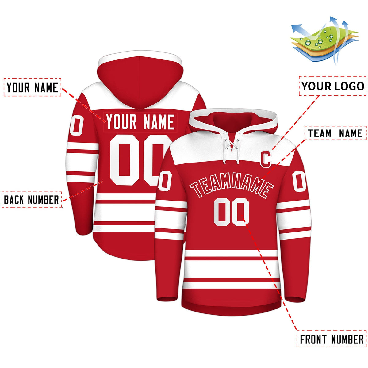 Custom Hockey Hoodie Jersey Red White Raglan Sleeves Lace-Up Neck Personalized Jersey for Men &amp; Youth