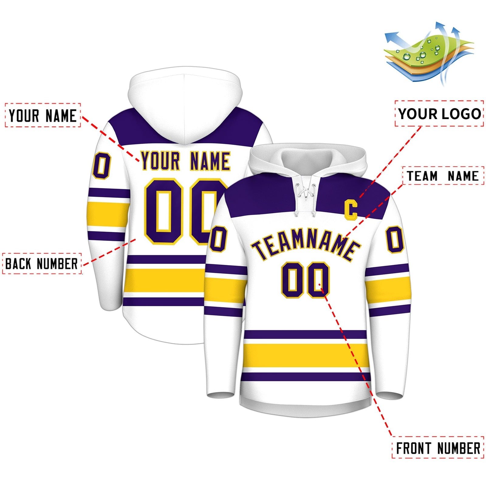 Custom Hockey Hoodie Jersey White Gold Raglan Sleeves Lace-Up Neck Personal Name & Number & Logo