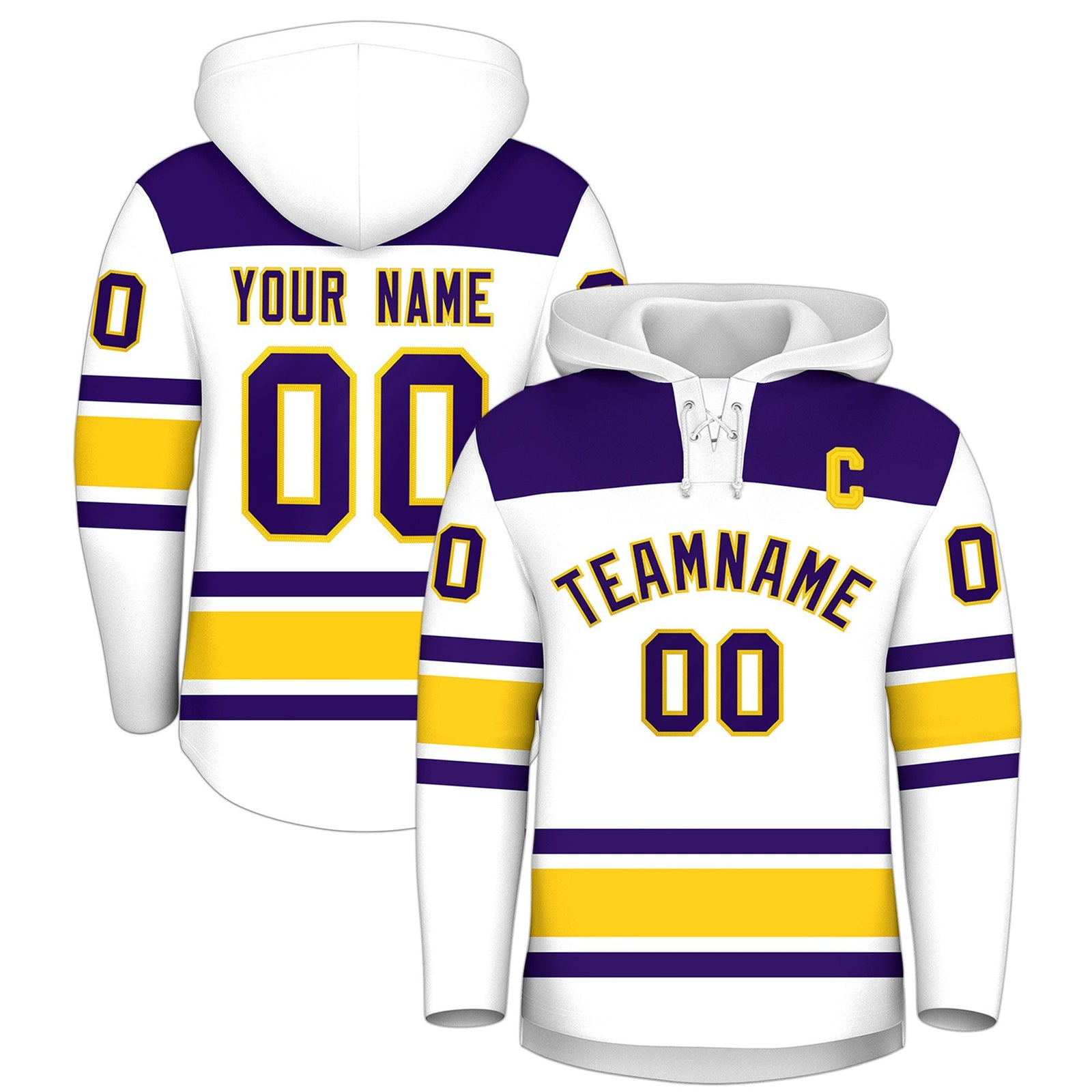 Custom Hockey Hoodie Jersey White Gold Raglan Sleeves Lace-Up Neck Personal Name & Number & Logo
