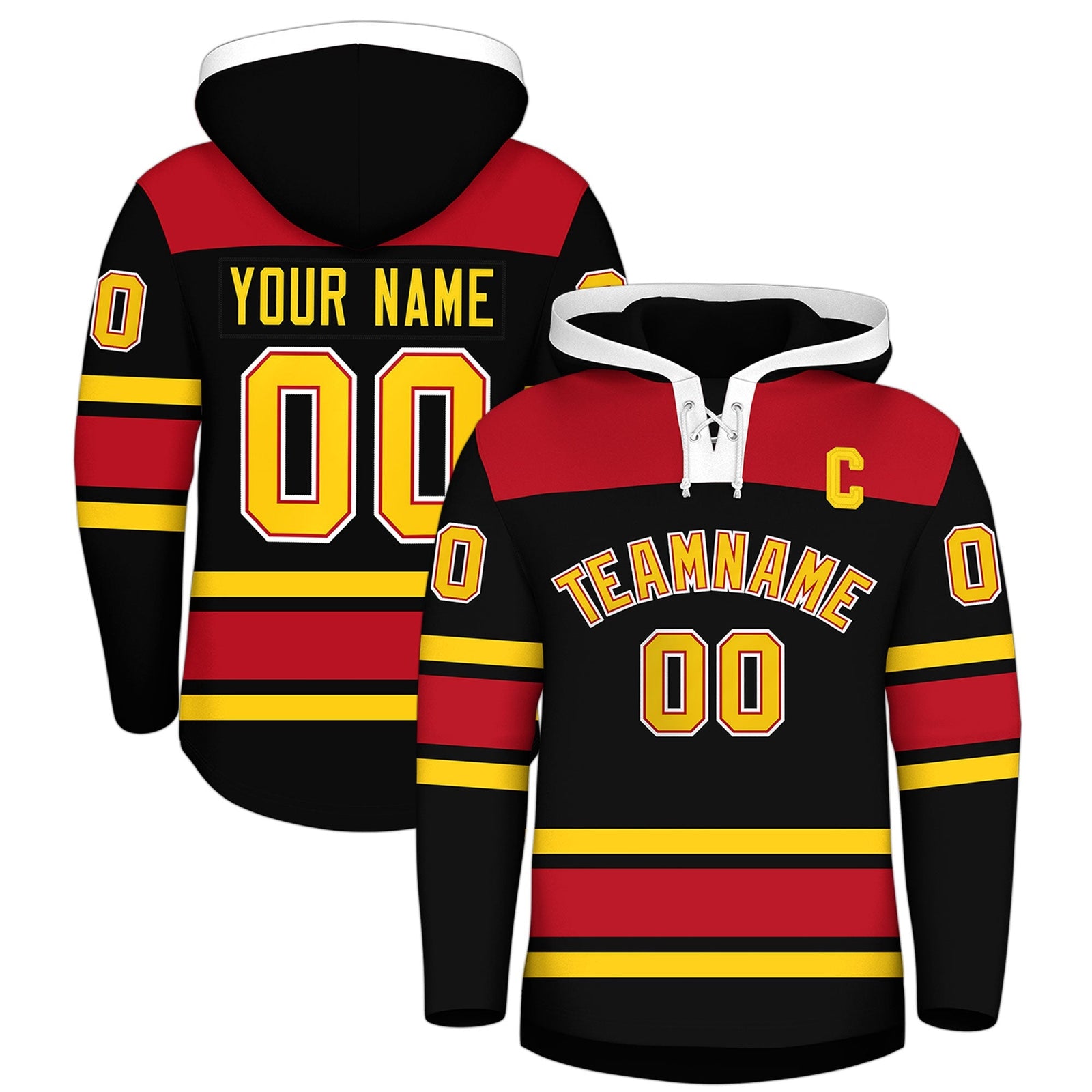 Custom Hockey Hoodie Jersey Black Red Raglan Sleeves Lace-Up Neck Personal Name & Number & Logo