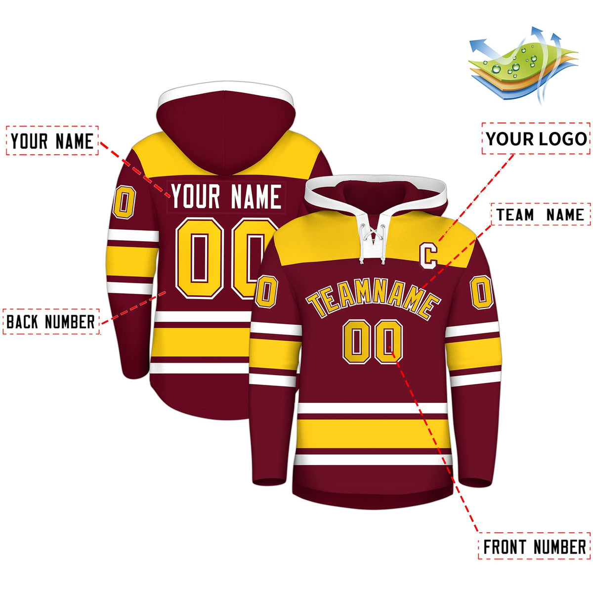 Custom Hockey Hoodie Jersey Crimson Gold Raglan Sleeves Lace-Up Neck Personalized Jersey for Men &amp; Youth
