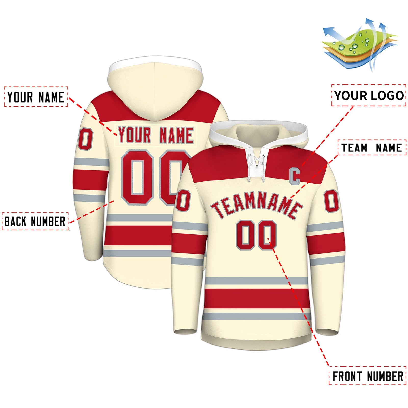Custom Hockey Hoodie Jersey Cream Red Raglan Sleeves Lace-Up Neck Personal Name & Number & Logo