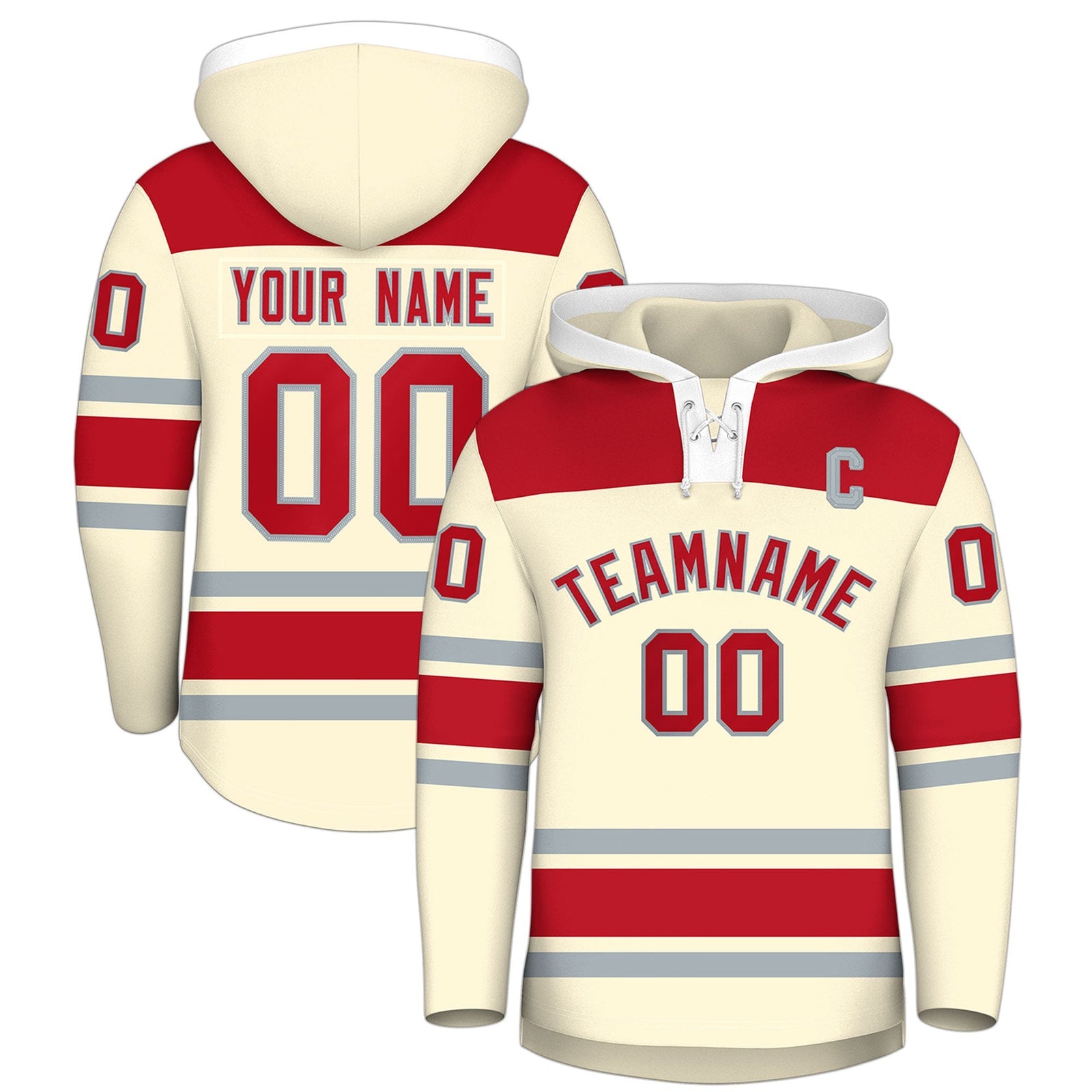 Custom Hockey Hoodie Jersey Cream Red Raglan Sleeves Lace-Up Neck Personal Name & Number & Logo