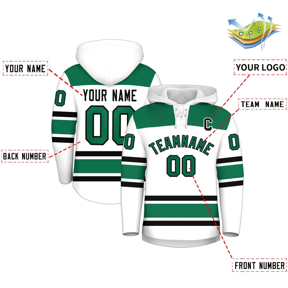 Custom Hockey Hoodie Jersey White Kelly Green Raglan Sleeves Lace-Up Neck Personalized Jersey for Men &amp; Youth