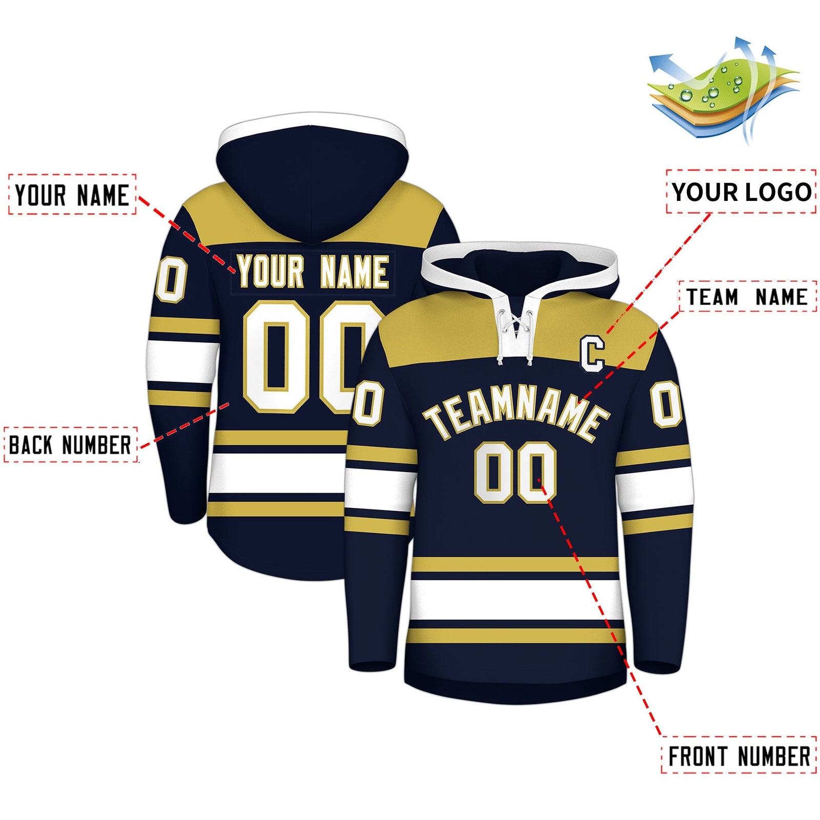 Custom Hockey Hoodie Jersey Navy Old Gold Raglan Sleeves Lace-Up Neck Personalized Jersey for Men & Youth