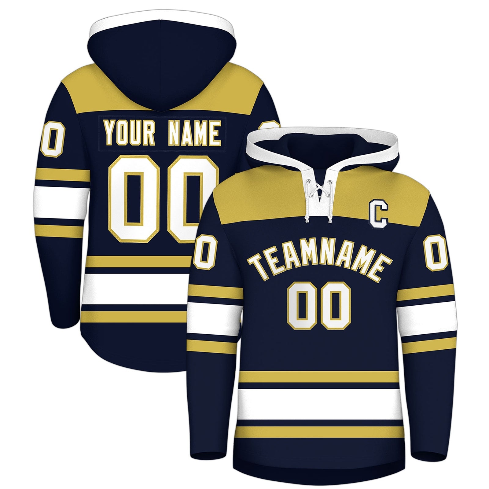 Custom Hockey Hoodie Jersey Navy Old Gold Raglan Sleeves Lace-Up Neck Personalized Jersey for Men & Youth