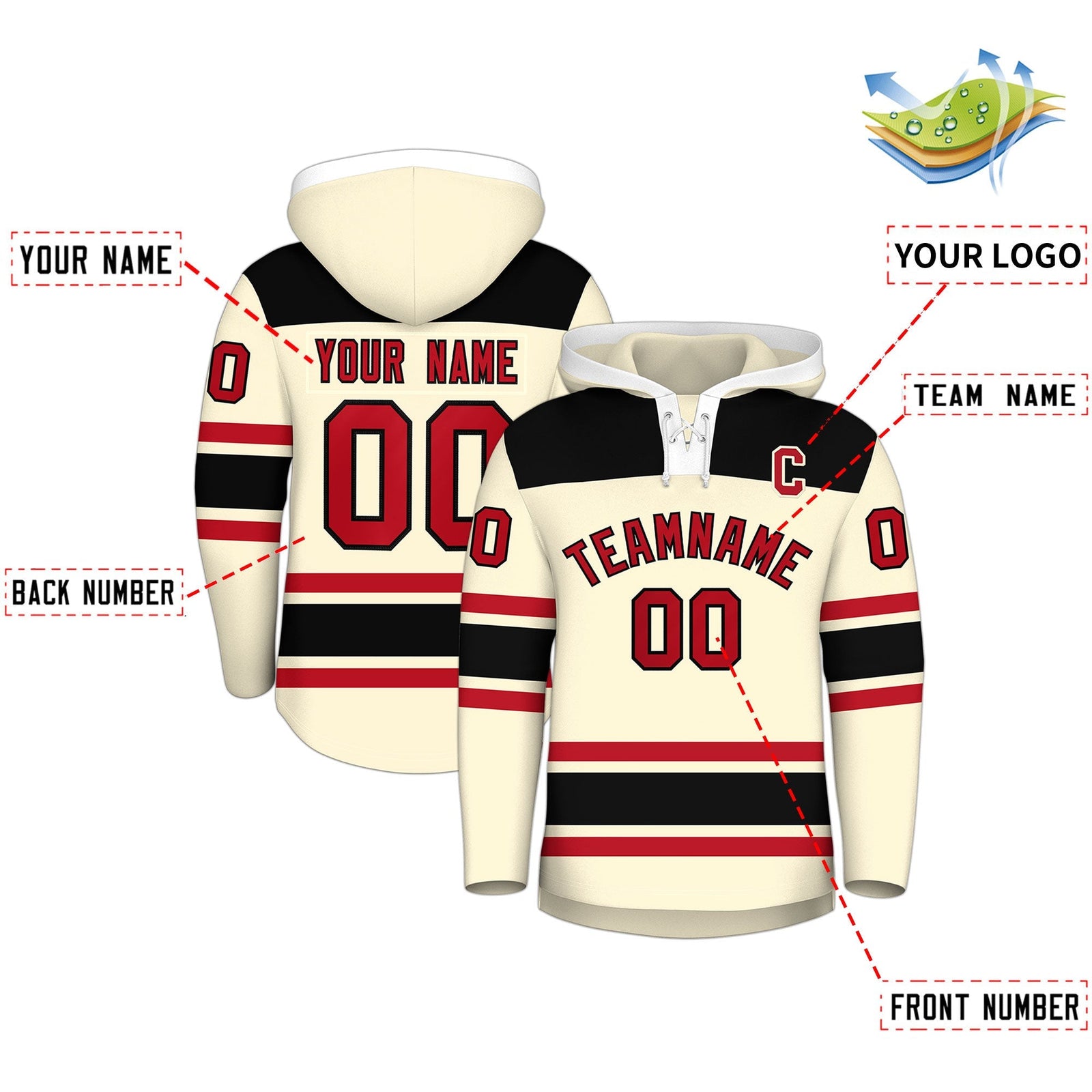 Custom Hockey Hoodie Jersey Cream Black Raglan Sleeves Lace-Up Neck Personal Name & Number & Logo