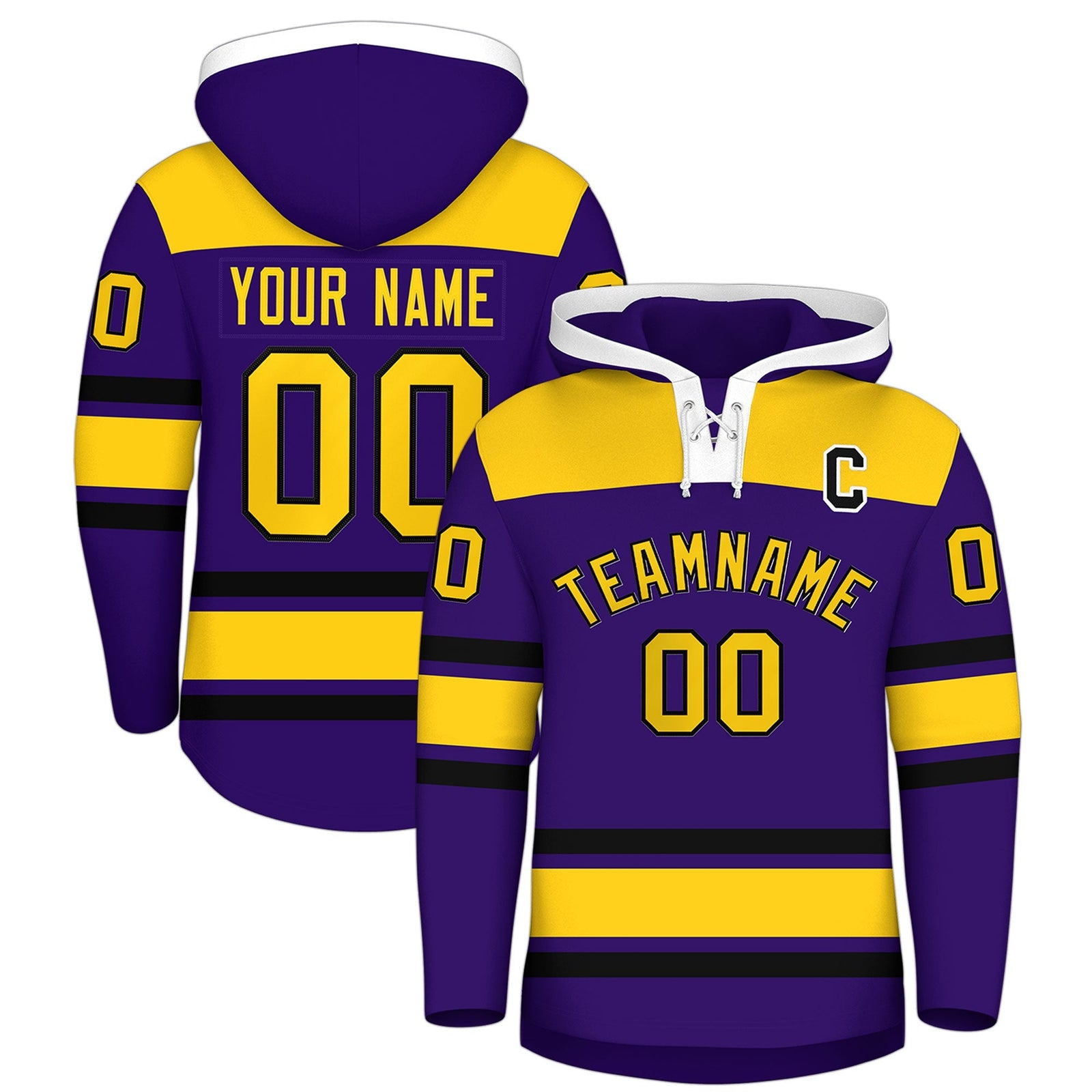 Custom Hockey Hoodie Jersey Purple Gold Raglan Sleeves Lace-Up Neck Personal Name & Number & Logo