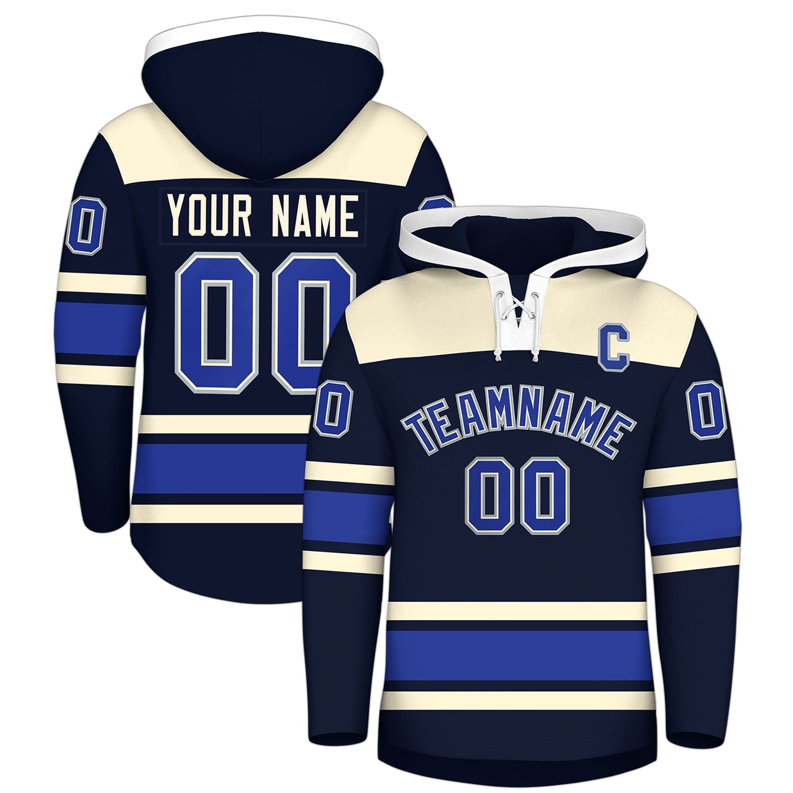 Custom Hockey Hoodie Jersey Navy Cream Raglan Sleeves Lace-Up Neck Personal Name & Number & Logo