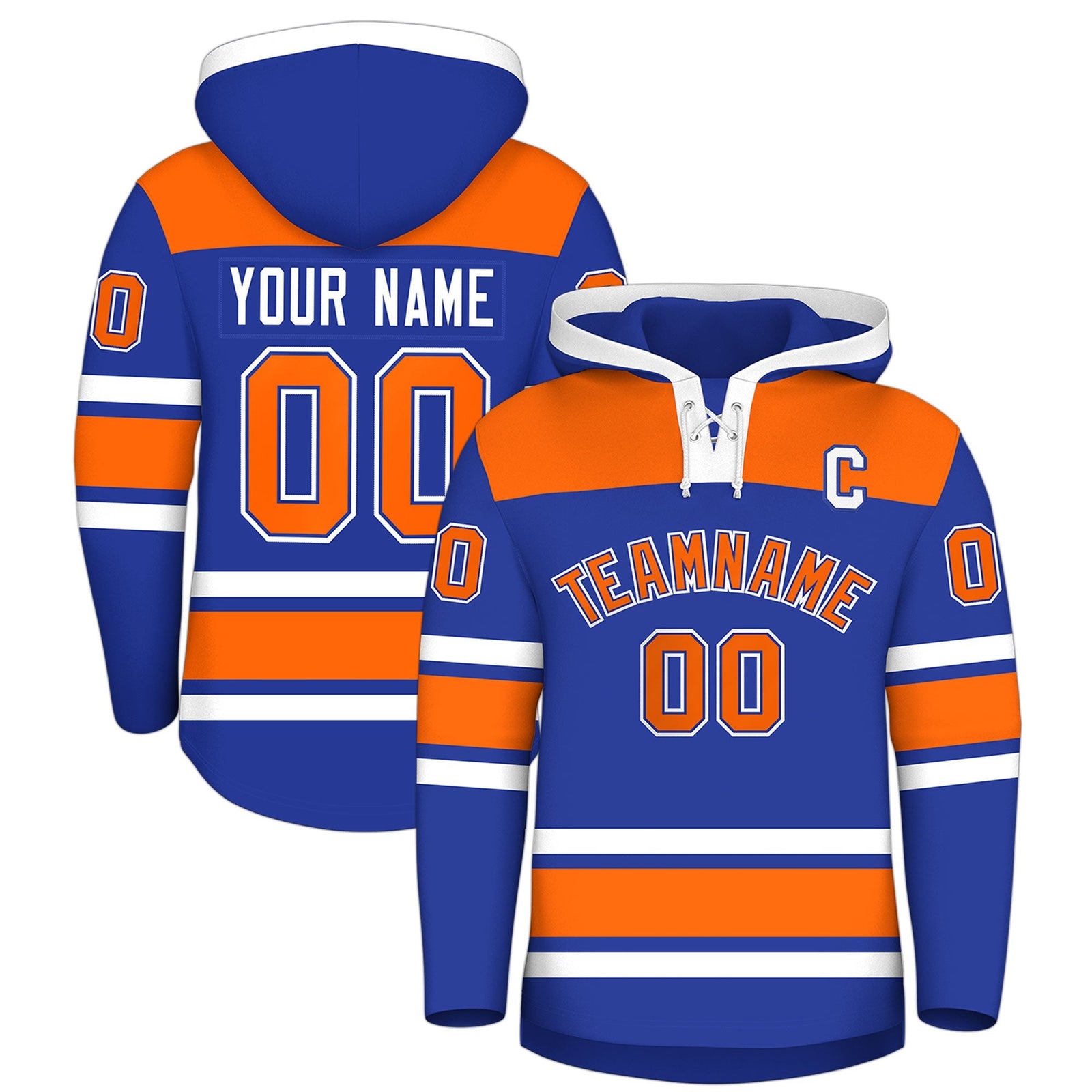 Custom Hockey Hoodie Jersey Royal Blue Orange Raglan Sleeves Lace-Up Neck Classic Team Colors Hoodie