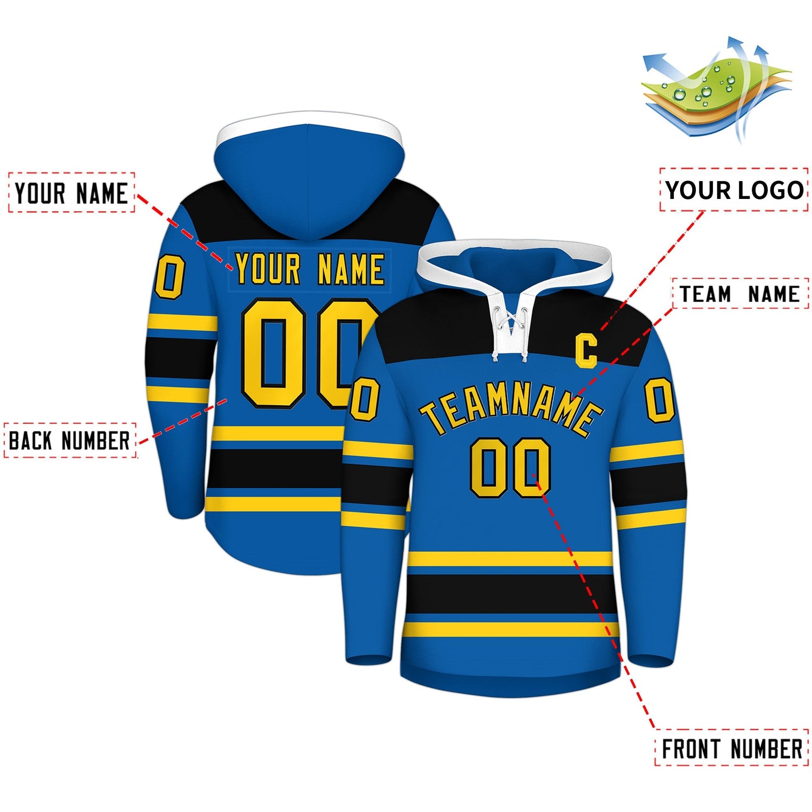 Custom Hockey Hoodie Jersey Royal Black Raglan Sleeves Lace-Up Neck Personalized Jersey for Men & Youth