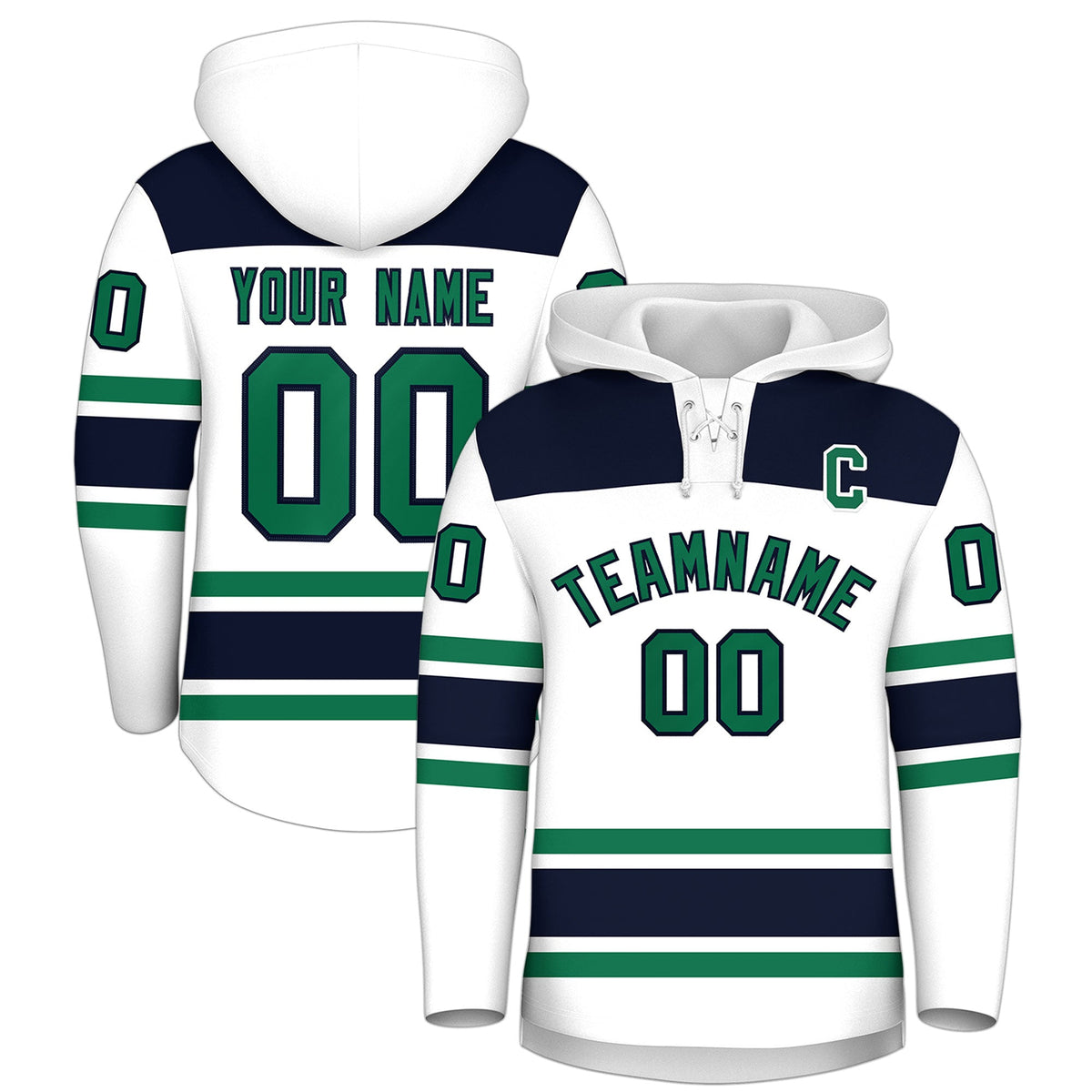 Custom Hockey Hoodie Jersey White Navy Raglan Sleeves Lace-Up Neck Classic Team Colors Hoodie
