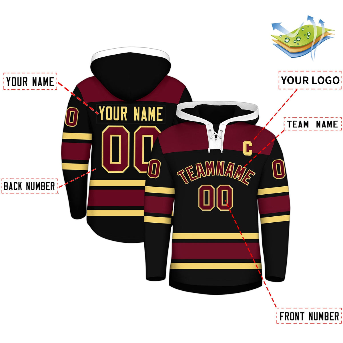 Custom Hockey Hoodie Jersey Black Crimson Raglan Sleeves Lace-Up Neck Personalized Jersey for Men &amp; Youth