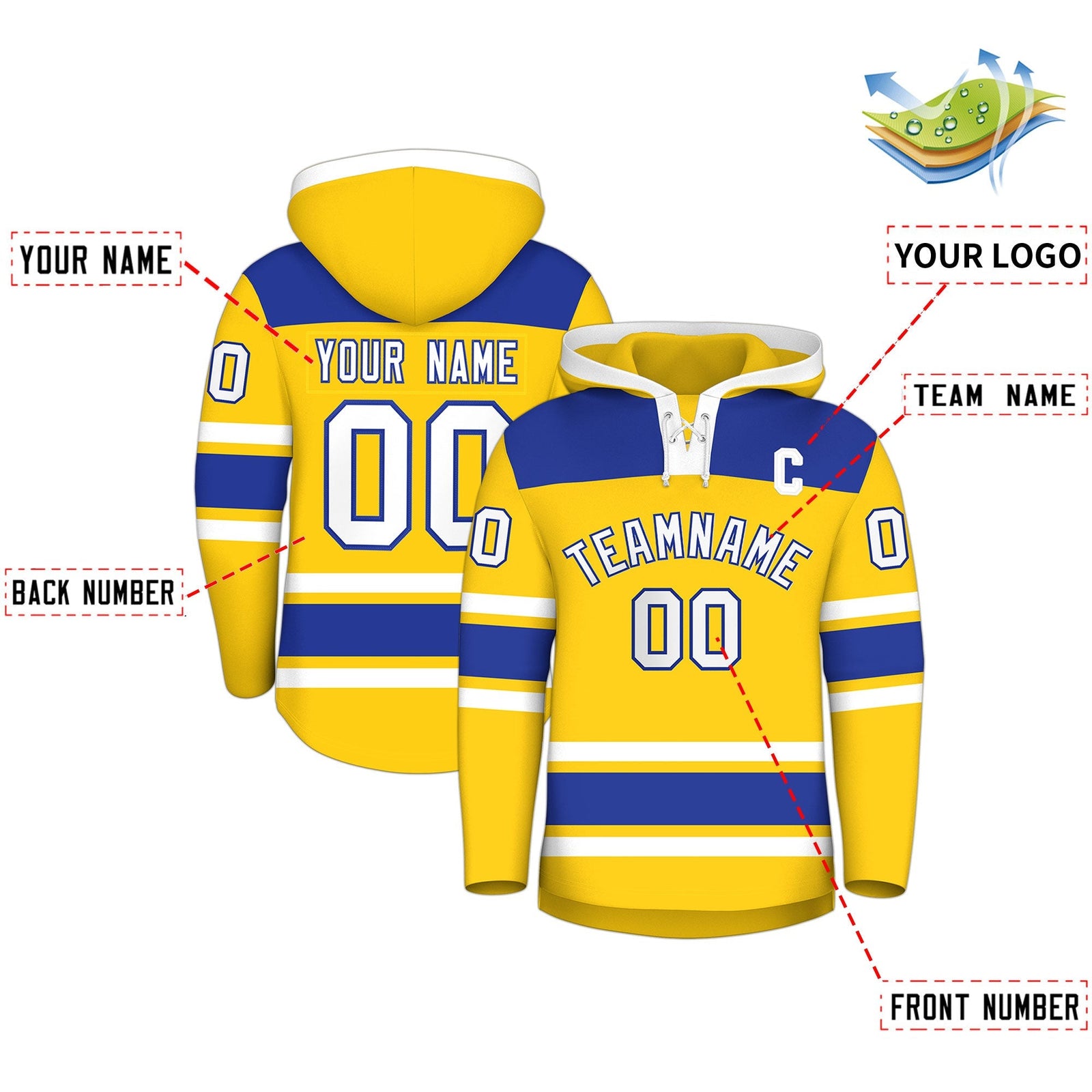 Custom Hockey Hoodie Jersey Gold Royal Blue Raglan Sleeves Lace-Up Neck Personalized Jersey for Men & Youth